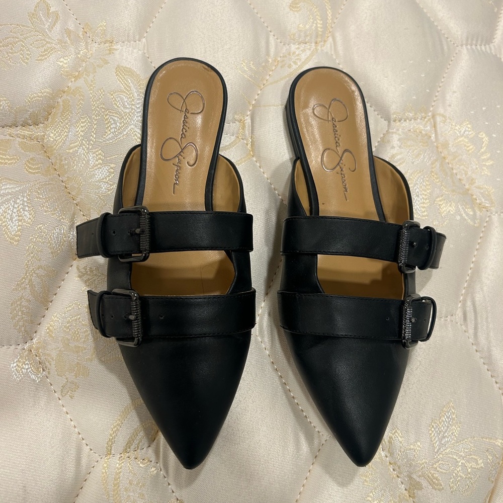 Jessica Simpson Black Double-Buckle Mules